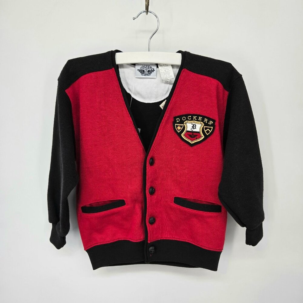 Vintage 90s Dockers Kid's Red Cardigan Sweater with Crest Preppy Size 3T NEW